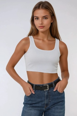 Hiccup Basic Bisiklet Yaka Crop Üst Beyaz