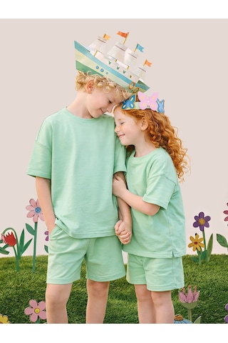 Mshb&g Mint Oversize T-shirt Şort Takım Çocuk Unisex %100 Pamuk Çok Renkli