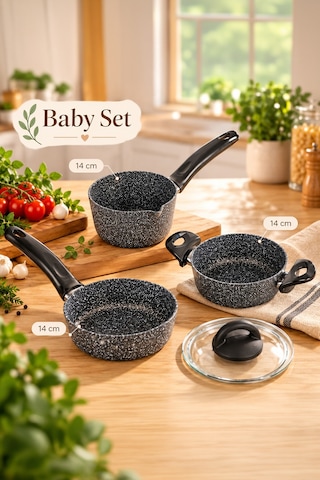 Porsima 4399 4 Parça Kaçerola Sosluk Sütlük Mini Granit Tencere Sahan Seti Gri 14cm Gri