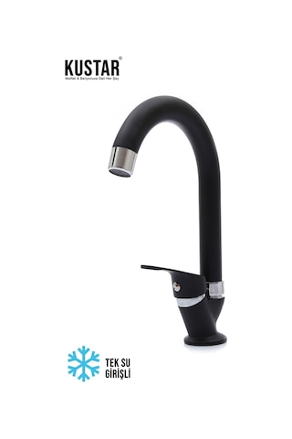 Kustar Tek Su Girişli Mat Siyah Mix Lavabo Bataryası Aç Kapa Musluk