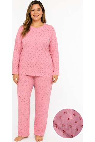 Sleeproom Büyük Beden Kadın Mevsimlik Pointiel Kiraz Desen Pijama Takımı Pembe