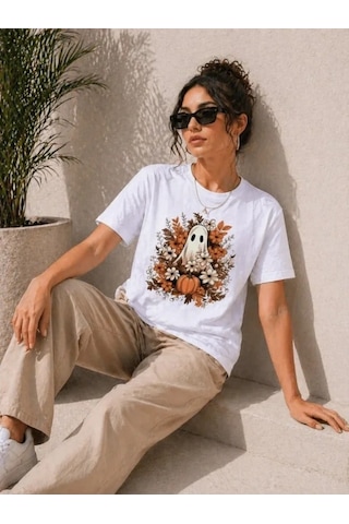 Defymoda Balkabağı Hayalet Baskılı Tişört Kısa Kol Yazlık T-shirt - Beyaz