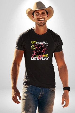 Dışarı Çık Ve Oynayalım Teddy Unisex Unisex Siyah Organik Baskılı T-shirt Penye Yüksek Kalite Siyah