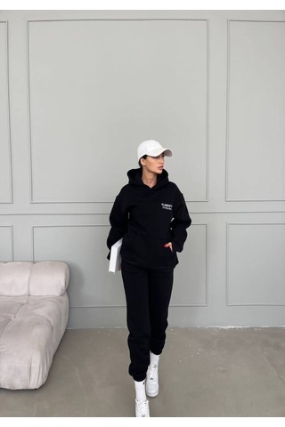 Harmandar Flasenty Kışlık Alt Üst Takımı Sweatshirt Eşofman Altı - Siyah Baskılı Oversize Kapüşonlu Siyah