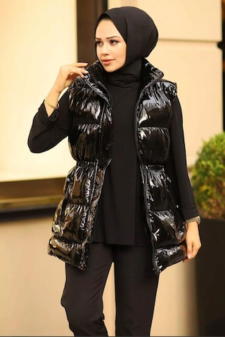 Hb Harma Time Butik Kadın Çıt Çıtlı Fermuarlı Cepli Siyah Parlak Şişme Yelek