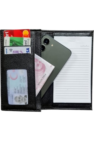 Kalemlikli Not Defteri Cüzdan , Cep Telefonu Bölmeli - Suni Deri -9,5 Cm X 17 Cm Siyah