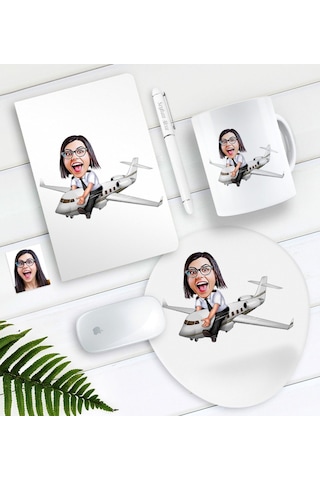 Kişiye Özel Bayan Kaptan Pilot Karikatürlü Defter Kalem Kupa Mouse