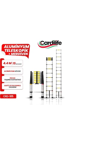 Cardilife Teleskopik Alüminyum Merdiven 4.4 Mt 15 Basamaklı 15 Basamaklı 440 Cm Düz Uzayan