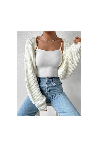 Moibody Triko Örgü Reglan Kol Bolero Hırka Kore Tarzı 4 Mevsim Ekru Ekru