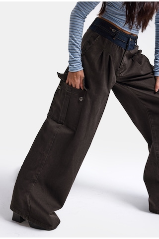 Kadın Acı Kahve Süper Palazzo Kot Kemer Detaylı Kargo Cep Özel Tasarım Denim Jean Acı Kahverengi