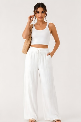 Lili Woman Kadın Beli Bağcıklı Keten Bol Paça Pantolon E.3040 Beyaz