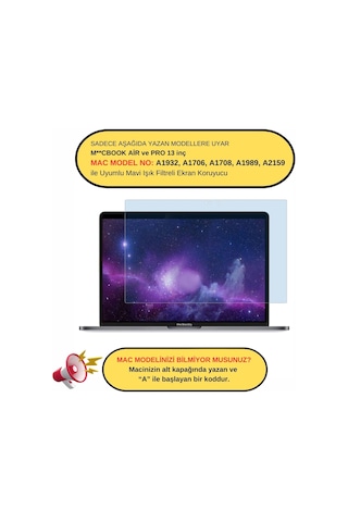 Macbook 13 Macbook 13 İnç Uyumlu Şeffaf Anti Blueray Ekran Koruyucu Mavi Işık Filtreli Touch Bar/touch Id Destekli A1706 A1932 Şeffaf Sku: Smg8690010637413