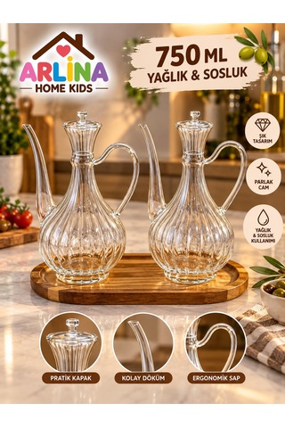 2'li 750 Ml Çizgili İbrik Model Cam Yağlık Seti-akasya Standlı