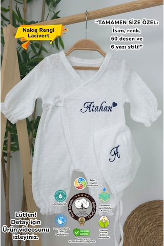 Gros Shop Müslin Yeni Doğan 2katlı Organik %100pamuk Kişiye Özgü Nakışlı Hastane Çıkış Seti Kalpli Model-2 Ekru