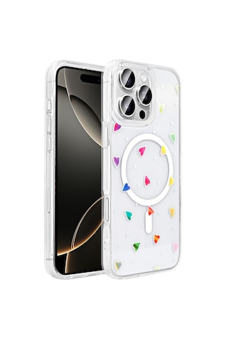 Techaks Apple Uyumlu iPhone 16 Pro Max Kılıf M-safe Şarj Özellikli Şeffaf Zore Folk Sert Kapak - Kalp Beyaz