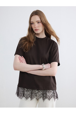 Lcw Modest Kahverengi Dantel Detaylı Soft Touch Kadın Tişört
