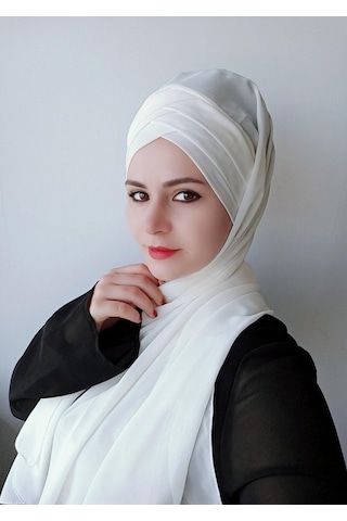 Tesettür Kadın Üç Bantlı Hazır Şal Beyaz