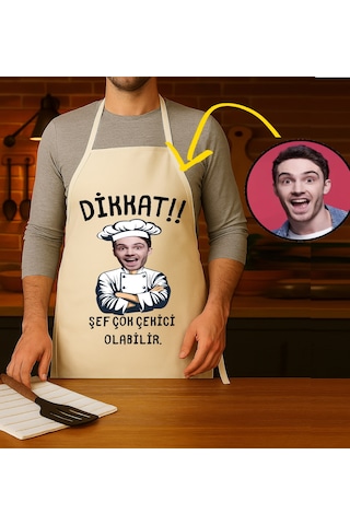 Kişiye Özel Karikatür Fotoğraflı Mutfak Önlüğü Dikkat Şef Çok Çekici Önlük Çok Renkli