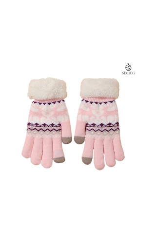 Kadınlar İçin Dokunmatik Ekranlı Kadife Sıcak Sevimli Çizgi Film Geyik Yün Eldiven Pembe