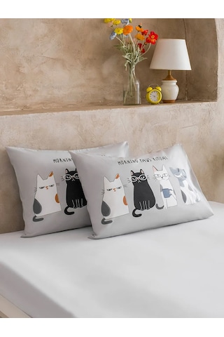 Karışık Kedi Baskılı Pamuklu Yastık Kılıfı 2'li 50x70 Cm Çok Renkli