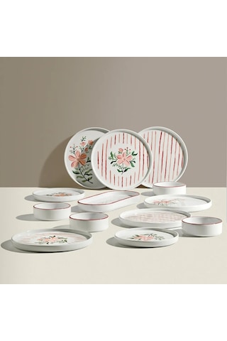 Nehir Line Flowers 6 Kişilik 13 Parça Seramik Kahvaltı Takımı Beyaz - Pembe