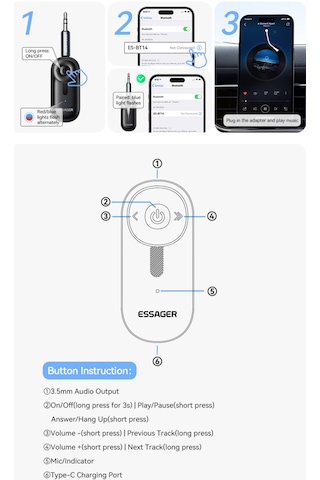 Bt14 Bluetooth 5.3 Araç Kiti 3.5mm Hi-fi Ses Aux Jack Ses Müzik