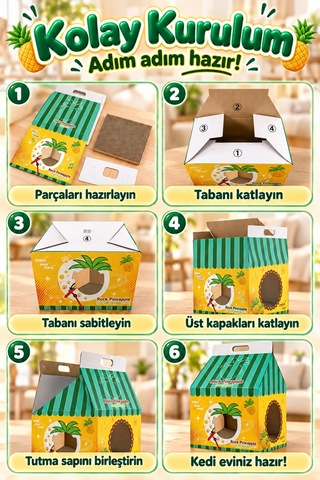Ananas Desenli Karton Kedi Evi Katlanabilir Süt Kutusu Tasarımı, Tırmalama Pedi Hediyeli Sempatik