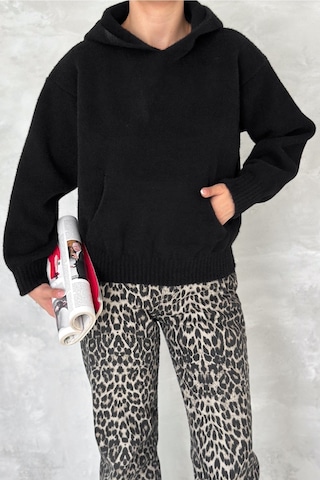 Femelle Kadın Siyah Standart Beden Kapüşonlu Peluş Triko Sweatshirt