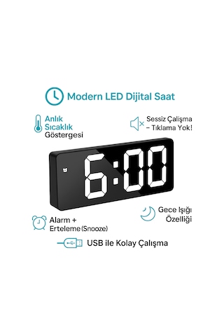 Led Dijital Masa Saati Isı Göstergeli , Alarmlı , Büyük Ekran , Sessiz Siyah