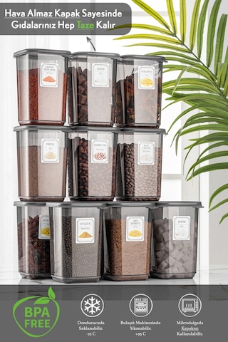 Meleni Home 12'li Set Pino Etiketli Büyük Boy Kare Erzak Saklama Kabı Seti Antrasit 12 X 1.10 Lt