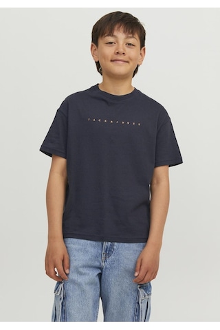 Jack & Jones Kisa Kollu Logo Baskili Tisört - Çocuk 12237435 Dark Navy Siyah