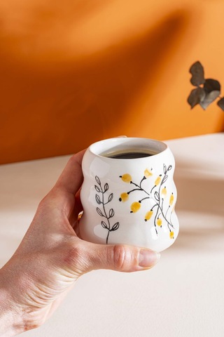 Rivaistanbul Sarı Çiçekler Amore El Yapımı Seramik Double Kahve Bardağı Mug Kupa Krem