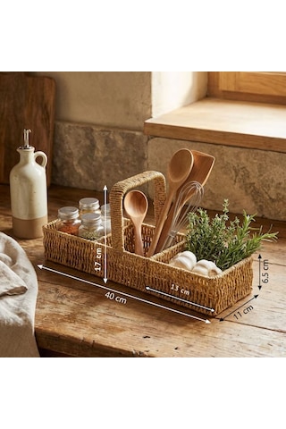 Go İthalat 3 Bölmeli Plastik Rattan Düzenleyici Saplı Masaüstü Organizer, Mutfak Kaşık Çatal Sepeti, Bej