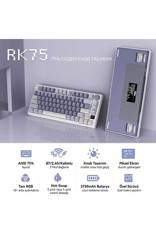 Royal Kludge Rk M75 Tri-mode Oled Screen %75 Mekanik Oyuncu Klavyesi