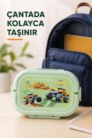 Mint Yeşili Araçlı Çocuk Beslenme Kutusu 6 Bölmeli Kilitli Saplı Okul Piknik Yemek Saklama Kabı Seti