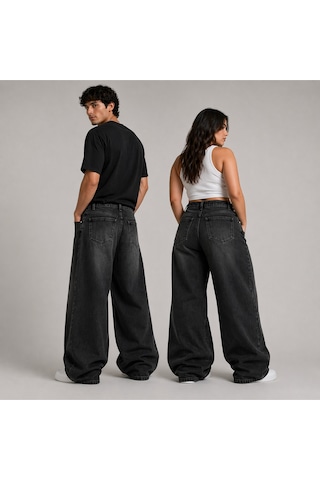 St.poll Eskitme Yıkamalı Unisex Büyük Beden Baggy Jean Pantolon Siyah