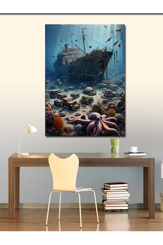 Kanvas Tablo Batık Gemi Ve Deniz Canlıları 70cmx100cm