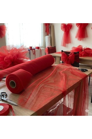 Kırmızı Süsleme Tülü Bohça Tülü Gelin Damat Düğün Kapı Valiz Süsleme Hediye Süsleme 500x150 Cm Tüm Yaşlar