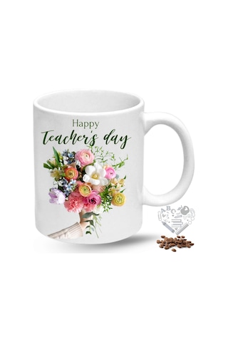 Öğretmenler Günü Hediyesi Gül Buketi Baskılı Porselen Kupa Bardak Beyaz