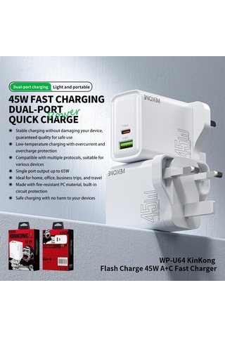 İngiltere Fiş Wk Wp-u64 45w Kinkong Flash Şarj Usb + Tip-c Portu Hızlı Şarj Cihazı Diğer