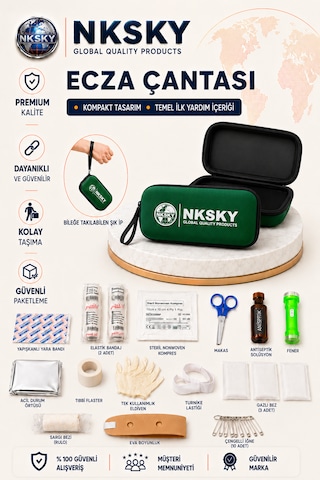 Nksky 36 Parça İlk Yardım Çantası, Yeşil Eva Çantalı İlk Yardım Seti, Bileğe Takılabilir Taşıma İpli Ecza Çantası