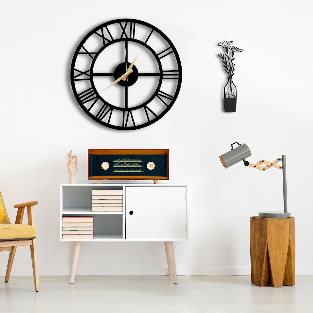 50X50 Dekoratif Duvar Saati + Tablo 40X40 Cm Hediye Siyah