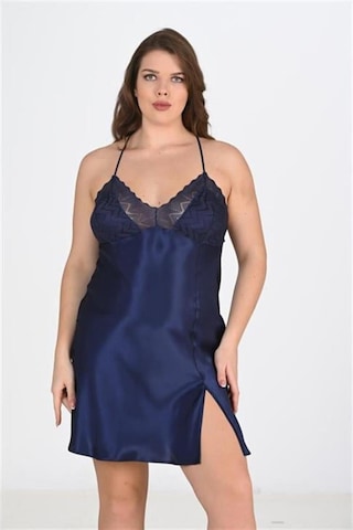 Modenya Premium Büyük Beden Saten Dantel İşlemeli Lacivert 2'li Gecelik Sabahlık Takımı Bigsize 3xl