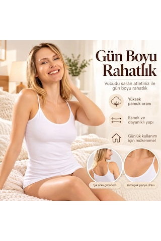 Genel Kadın Pamuklu İnce İp Askılı Derin Oval Yaka Düz Penye Atlet Siyah Beyaz Günlük Rahatlık Ve Şıklık
