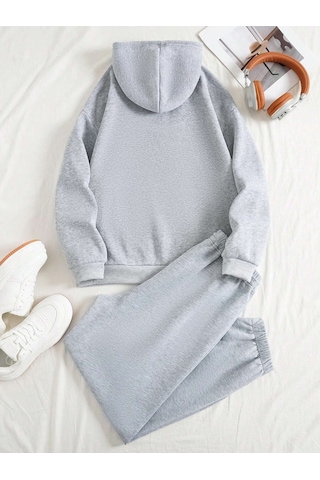 Harmandar Brooklyn Usa Kışlık Alt Üst Takımı Sweatshirt Eşofman Altı - Gri Baskılı Oversize Kapüşonlu Gri