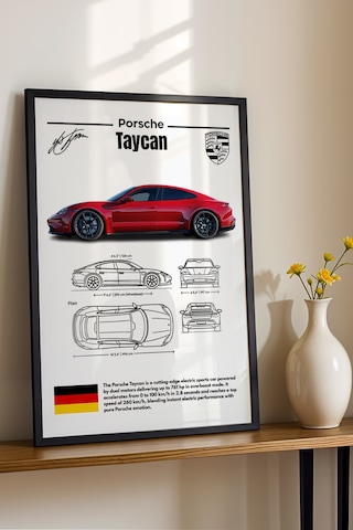 Porsche Taycan Tablo - Teknik Özellikli Elektrikli Spor Araba Poster - Çerçeveli Duvar Dekoru Siyah