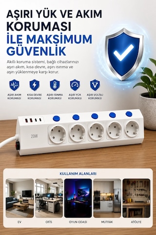 5 Li Akım Korumalı Çoklu Priz 2 Metre Kablolu 3680w 16a 5 Anahtarlı 2usb-a 2 Usb-c Pd 20w Hızlı Ftr-28 Diğer