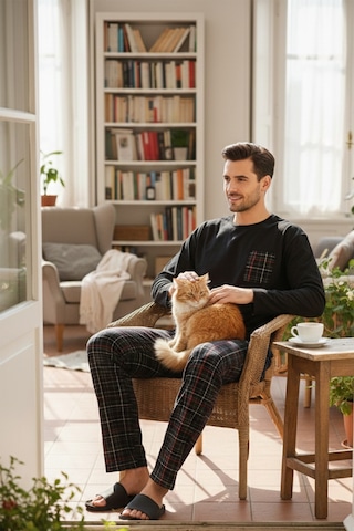 Buratti Ekoseli Cepli Beli Lastikli % 100 Pamuk Regular Fit Erkek Pijama Takımı 6572001 Siyah-Füme