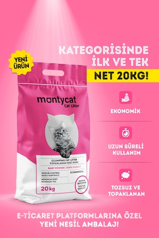 Montycat Yeni Nesil Ekonomik Bebek Pudralı Topaklaşan Bentonit Kedi Kumu 20 L