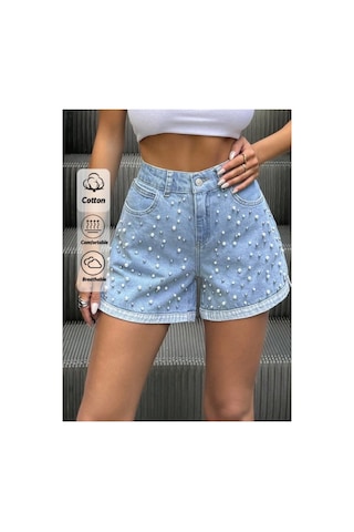 Kene Jeans Paça Yırtmaç Buz Kar İnci Detaylı Yüksek Bel City Boy Denim Şort Buz Kar